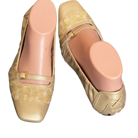 Tod's Shoes - TOD'S Gold and Sequin Square toe flats size 8